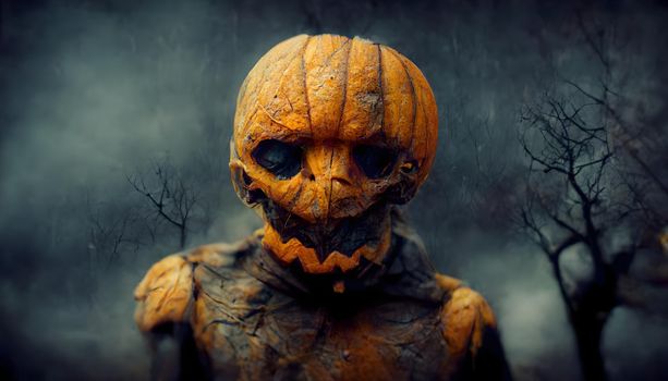 scary pumpkin head halloween monster portrait, neural network generated art. Digitally generated image. Not based on any actual scene or pattern.