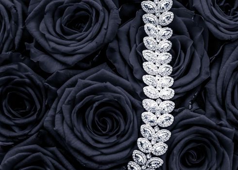 Luxe branding, glamour fashion and boutique shopping concept - Luxury diamond jewelry bracelet and black roses flowers, love gift on Valentines Day and jewellery brand holiday background design