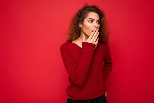 Are you serious? Closeup photo of beautiful attractive shocked amazed surprised young woman with open mouth wearing casual clothes isolated over colourful background with empty space.