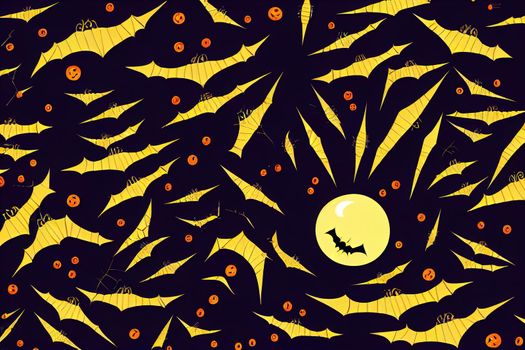 Happy halloween concept, background with spiders and bats in the web with place for text, greeting card or banner, template for design, selective focus , anime style