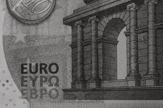 Selective focus on detail of EURO banknotes. Detail of European Union currency EURO banknotes. World money concept, inflation and economy concept