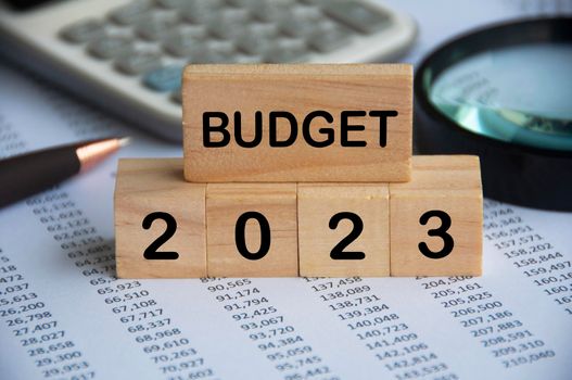 Budget 2023 text on wooden blocks with data analysis and office concept background. Budgeting concept.