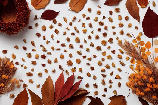 Autumn composition Border made of autumn dried flowers and leaves on white background Flat lay, top view, copy space , anime style