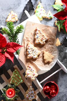 Shortbread Christmas cookies on a mini sled, around festive decor and red poinsettia flowers, family holiday, eternal traditions, flatley, homemade Christmas baking with your own hands,