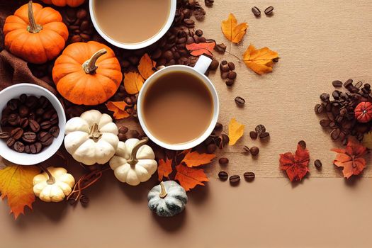 Concept of fall harvest or Thanksgiving day Autumn composition with cup of coffee, empty white paper, pumpkins, nuts and cinnamons on beige background Top view, copy space , anime style