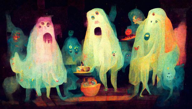 weird skittish ghosts at house party - halloween background, neural network generated art. Digitally generated image. Not based on any actual scene or pattern.