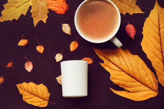 Autumn composition coffee, suede bag, cozy clothes, autumn leaves isolated on white background, flat lay, top view, Seasonal autumn concept , anime style