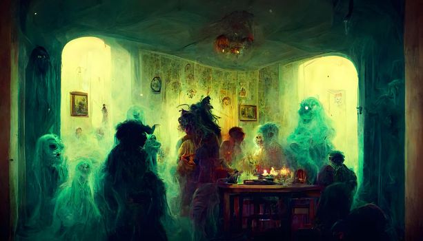 weird skittish ghosts at domestic house party - halloween background, neural network generated art. Digitally generated image. Not based on any actual scene or pattern.
