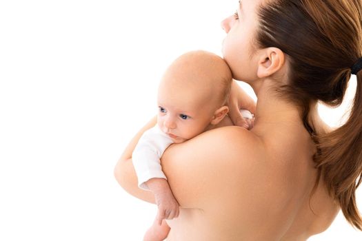 baby on mother's breast on a white background, Concept of caring for the health of a newborn baby, vaccination and vaccinations, care and feeding.