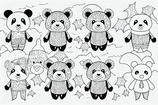 Halloween Coloring Pages Pack. Set of Outline Halloween Panda for Coloring Page. Cute Doodle Halloween Panda Bear. Set of Five Outline Animals Raster, for Halloween Coloring Book.