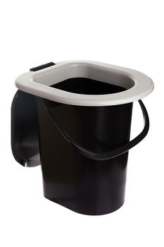 plastic portable bucket toilet bowl with lid oh on white isolated background.