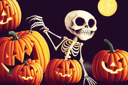 Cute halloween skeleton cartoon. Skeleton in halloween day. Halloween character cartoon. Happy halloween greeting card.