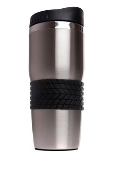 metal glass thermos for coffee or tea with a rubber handle and a plastic lid on a white isolated background.