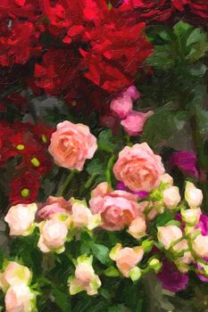 roses of red and pink and yellow shades, stylized as oil paint.