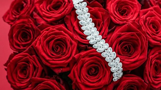 Gemstone jewellery, wedding fashion and luxe shopping concept - Luxury diamond bracelet and bouquet of red roses, jewelry love gift on Valentines Day and romantic holidays present