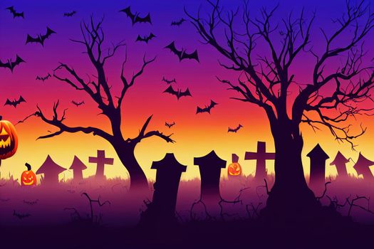 Halloween nightmare landscape. Cartoon spooky halloween cemetery landscape Raster background illustration. Creepy halloween graveyard view silhouette. Halloween nightmare landscape silhouette