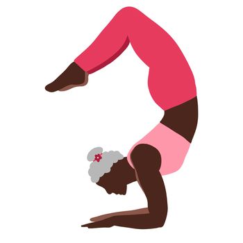 Hand drawn illustration of black African American woman in yoga pose with gray hair. Modern green pink design for balance harmony wellness self help concept. Relaxation exercise fitness body sport