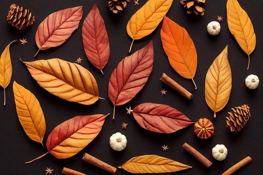 Autumn composition Wreath made of autumn leaves, cinnamon sticks, anise stars, physalis flowers, pine cones on black background Flat lay, top view, copy space , anime style