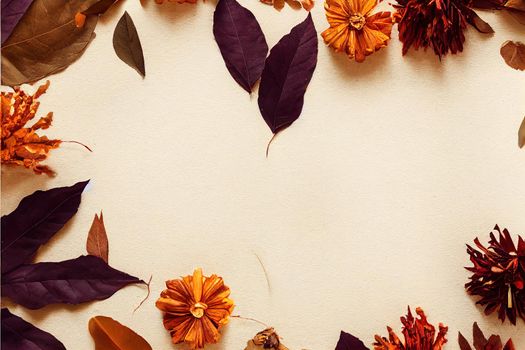 Autumn composition Frame made of dried flowers and leaves on pastel beige background Autumn, fall concept Flat lay, top view, copy space , anime style