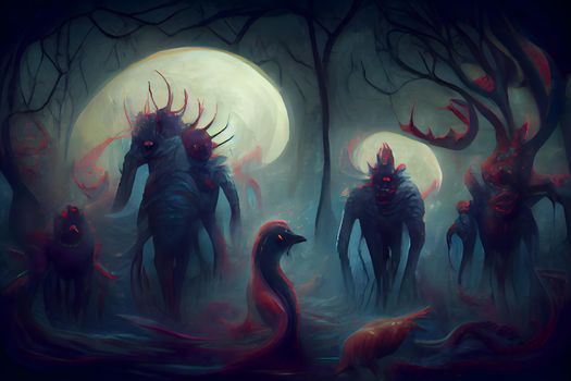 creepy fantastic nightmare alien creatures, neural network generated art. Digitally generated image. Not based on any actual scene or pattern.