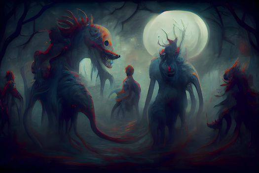 creepy fantastic nightmare alien creatures, neural network generated art. Digitally generated image. Not based on any actual scene or pattern.