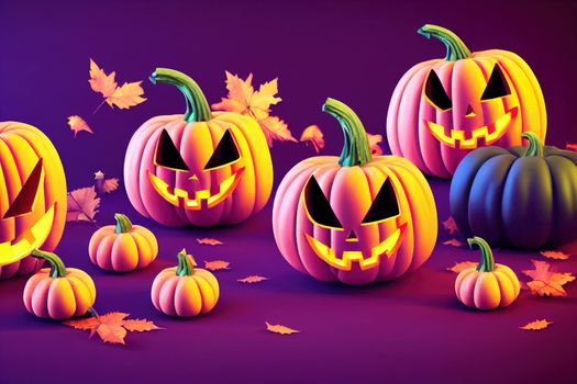 Happy Halloween. Group of 3D illustration glowing pumpkin on treat or trick fantasy fun party celebration purple background design.