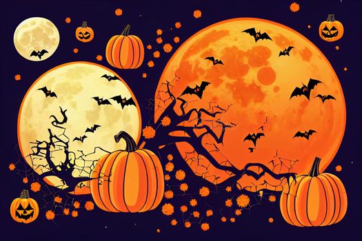 Happy Halloween banner or party invitation background with clouds, bats and pumpkins in paper cut style. Raster illustration. Full moon in orange sky, spiders web and witch cauldron. Place for text