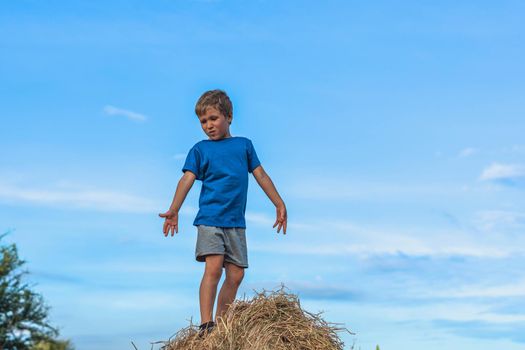 Boy smile play dance grimace show off blue t-shirt stand on haystack bales of dry grass, clear sky sunny day. Balance training. Concept happy childhood, children outdoors, clean air close to nature.