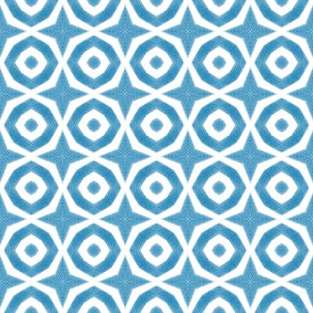 Ikat repeating swimwear design. Blue symmetrical kaleidoscope background. Summer ikat sweamwear pattern. Textile ready graceful print, swimwear fabric, wallpaper, wrapping.