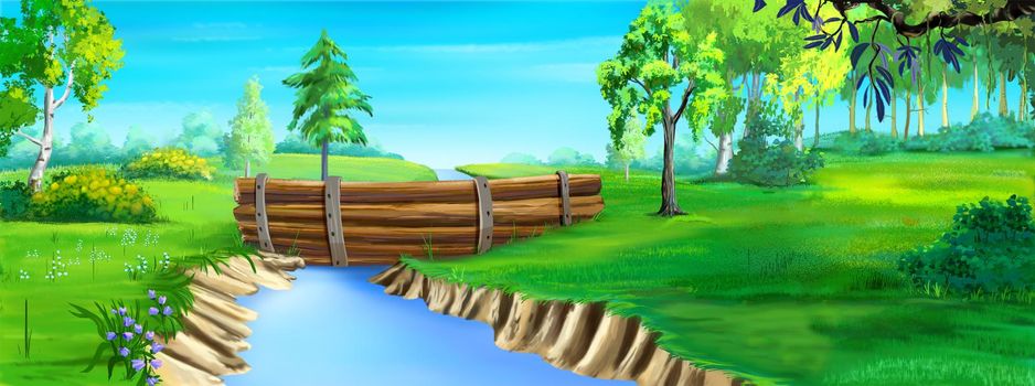 Wooden dam on the river on a sunny day. Digital Painting Background, Illustration.