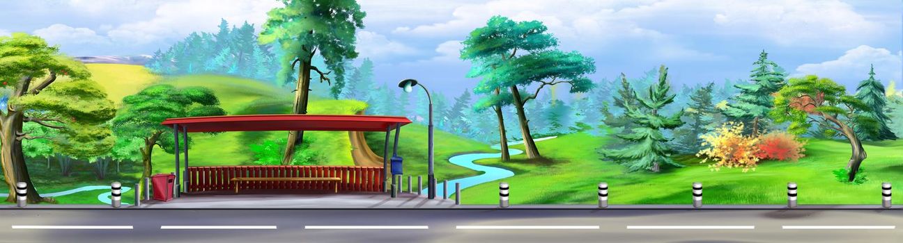 Bus stop on a Suburban highway along the park on a sunny day. Digital Painting Background, Illustration.