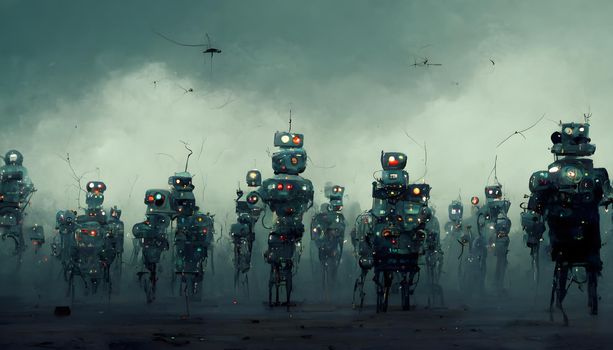 army of robots, neural network generated art. Digitally generated image. Not based on any actual scene or pattern.