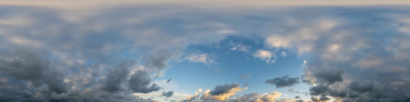 Dark blue twilight sky panorama with Cumulus clouds. Seamless hdr 360 panorama in spherical equiangular format. Full zenith or sky dome for 3D visualization, sky replacement for aerial drone panoramas