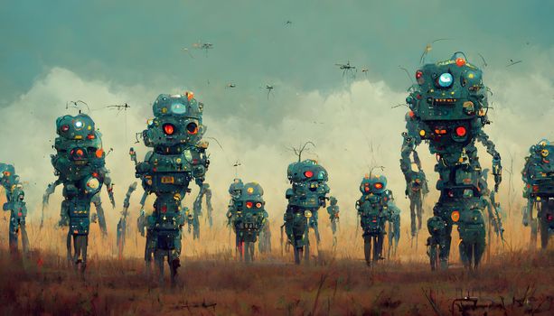 army of robots, neural network generated art. Digitally generated image. Not based on any actual scene or pattern.