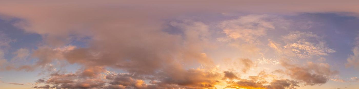 Dark blue sunset sky panorama with pink Cumulus clouds. Seamless hdr 360 pano in spherical equirectangular format. Full zenith for 3D visualization, game, sky replacement for aerial drone panoramas