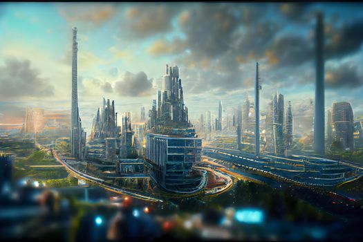 abstract futuristic utopian cityscape, neural network generated art. Digitally generated image. Not based on any actual scene or pattern.