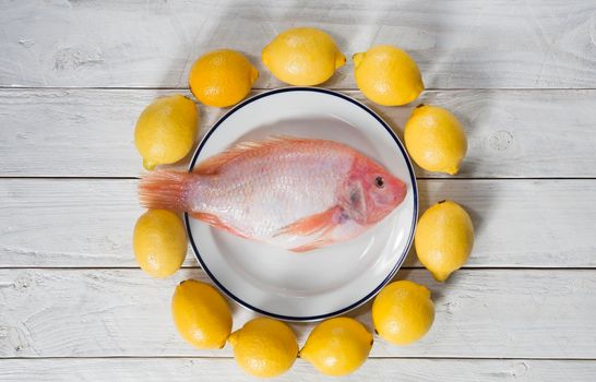 raw fresh pink tilapia fish on a plate surrounded by yellow lemons on a wooden white table, raw food, vegetarian food, natural background, colored food flat lay, high quality photo