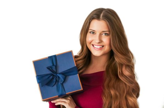 Birthday, Christmas or holiday present, happy woman holding a blue gift or luxury beauty box subscription delivery isolated on white background, portrait