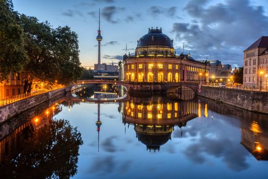 The Bode Museum, the Television Tower and the river Spree in Berlin before sunrise