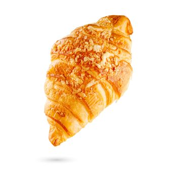 Fresh croissant with cheese isolated on white background. cheese bun close-up.