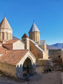 Ananuri Fortress Georgia. Historical medieval castle for battles. Stone structure on the Aragvi river