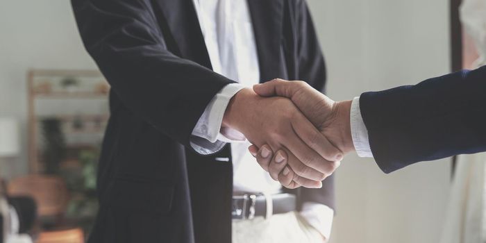 Two confident business man shaking hands during a meeting in the office, success, dealing, greeting and partner concept..