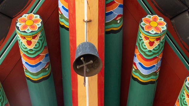 Bell and painted beams with pattern, oriental style, Buddhist temple. High quality photo