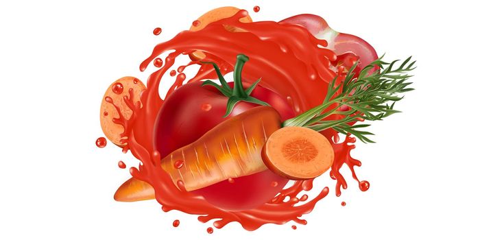 Fresh carrots and tomatoes and a splash of vegetable juice on a white background. Realistic style illustration.