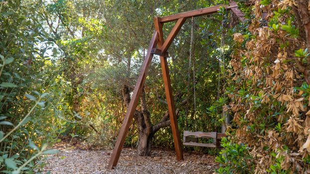 Autumn landscape, wooden swing in the autumn garden. High quality photo