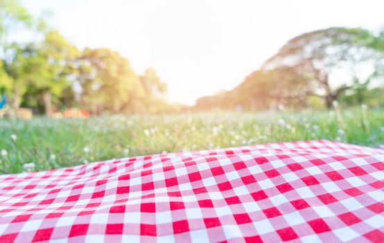 Red checkered tablecloth texture with on green grass at the garden