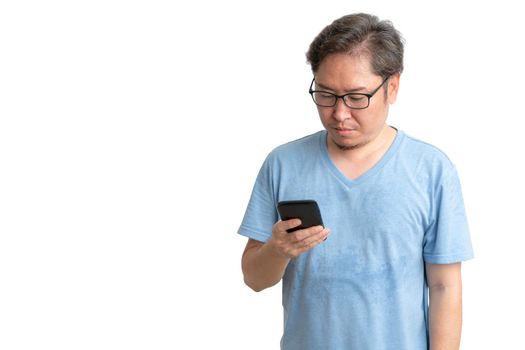 Asian man holding smartphone and stress with copy space on white background