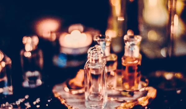 Perfumery, cosmetic branding and spa concept - Perfume bottles and vintage fragrance at night, aroma scent, fragrant cosmetics and eau de toilette as luxury beauty brand, holiday fashion parfum design