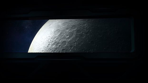 The moon is visible from the window of the spacecraft.