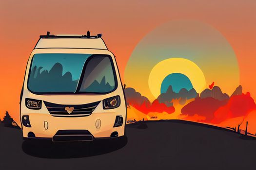 Travel van driving on sunset background. Camping car on the road. Cartoon style travel concept, neural network generated art. Digitally generated image. Not based on any actual scene or pattern.